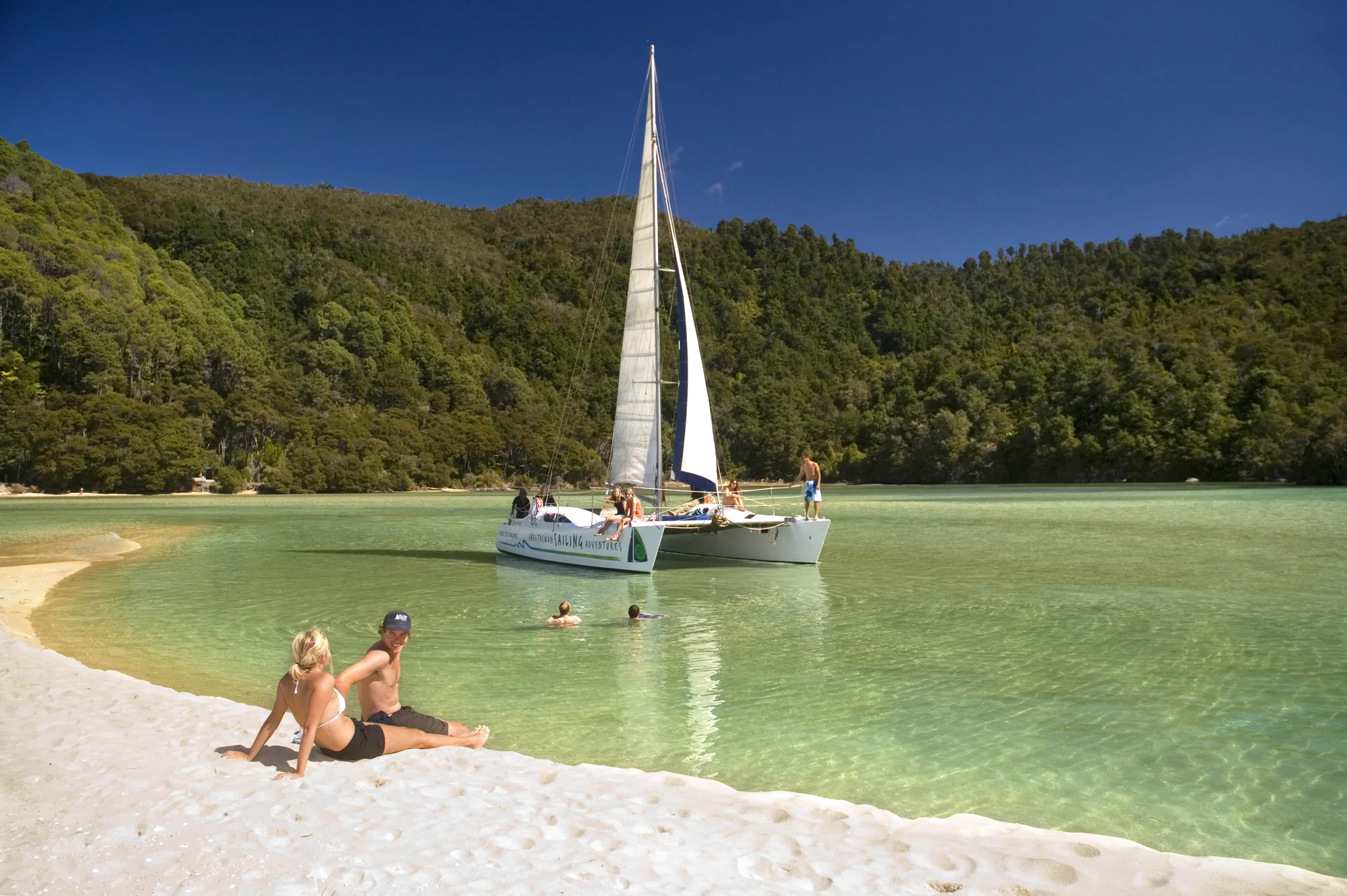 A sailboat crosses a clear coastal bay in New Zealand.