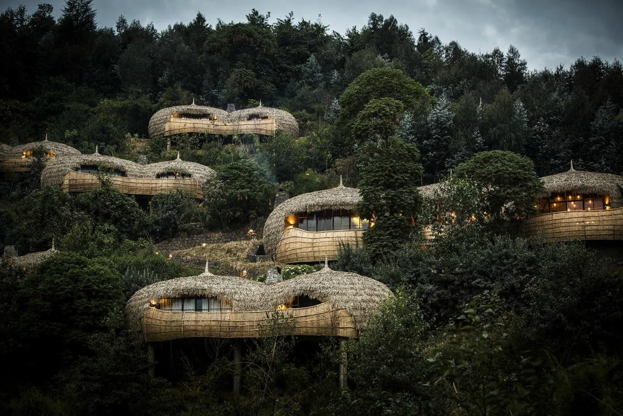 Round, grass-roofed lodges nestled among forested hills at Bisate.