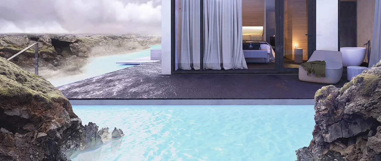 A modern suite opening onto milky turquoise geothermal water beside dark lava rocks.
