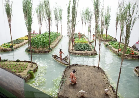 An illustration of planted chinampa islands separated by canals.