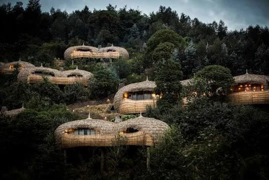 Rounded thatched lodge buildings nestled into a wooded hillside.