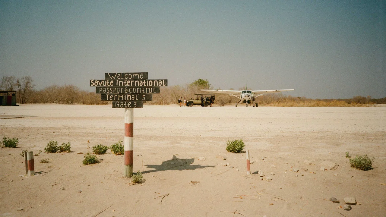A small aircraft parked on a sandy airstrip beside a rustic airport sign.