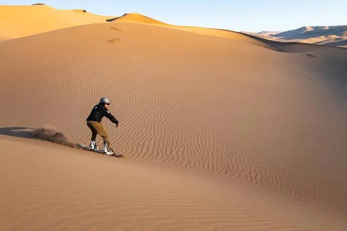 A person rides a board down a sunlit desert dune.